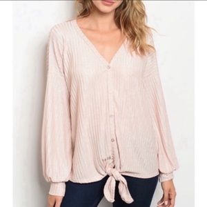 Blush shimmer button down ribbed top